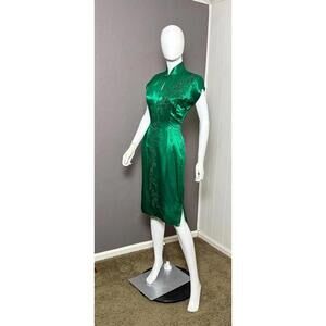 Vintage 1940's Emerald Green Satin Silk Beaded Cheongsam Dress S/M